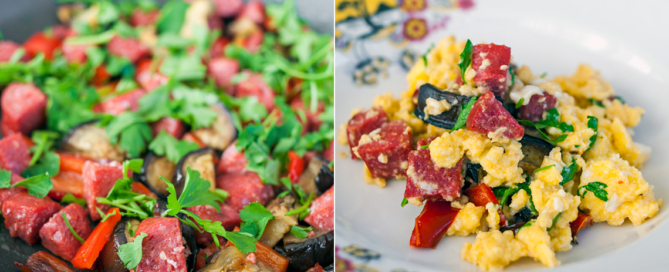 Scrambled Eggs with Sucuk Sausage Recipe, Istanbul, Turkey. Copyright © 2022 Terence Carter / Grantourismo. All Rights Reserved.