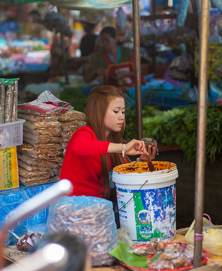 Learning About Lao Cuisine on a Market Walk in Luang Prabang. Luang Prabang Market visit. Luang Prabang, Laos. Copyright © 2022 Terence Carter / Grantourismo. All Rights Reserved.