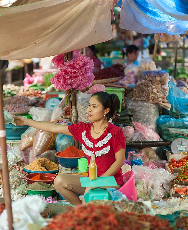 Learning About Lao Cuisine on a Market Walk in Luang Prabang. Luang Prabang Market visit. Luang Prabang, Laos. Copyright © 2022 Terence Carter / Grantourismo. All Rights Reserved.