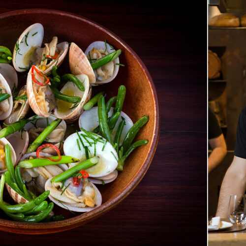 Grilled Pipis, garlic and karkalla recipe by Chef Lennox Hastie, Firedoor, Sydney. Copyright © 2022 Terence Carter / Grantourismo. All Rights Reserved.