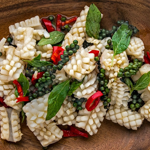 Squid with Green Peppercorns Recipe for Cambodia's Famous Kampot Pepper Stir-Fry. Copyright © 2020 Terence Carter / Grantourismo. All Rights Reserved.