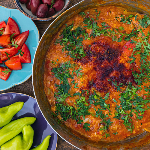 Turkish Scrambled Eggs Recipe for Menemen for a Traditional Breakfast. Copyright © 2022 Terence Carter / Grantourismo. All Rights Reserved.