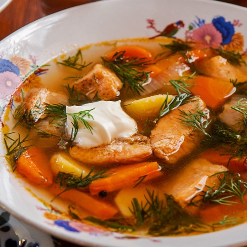 Russian Fish Soup Recipe for Ukha Made with Salmon and Vegetables. Copyright © 2021 Terence Carter / Grantourismo. All Rights Reserved.