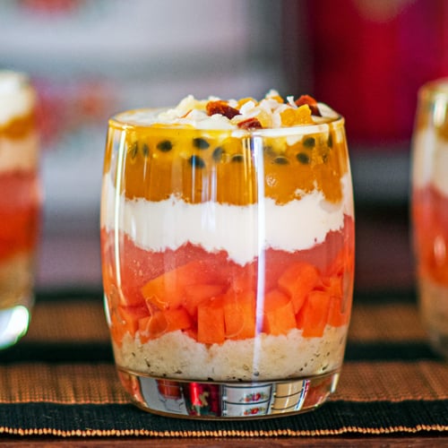 Easy Trifle Recipe for a Tropical Trifle with Papaya, Pineapple Custard, Mango Puree and Lychee Jelly. Copyright © 2022 Terence Carter / Grantourismo. All Rights Reserved.