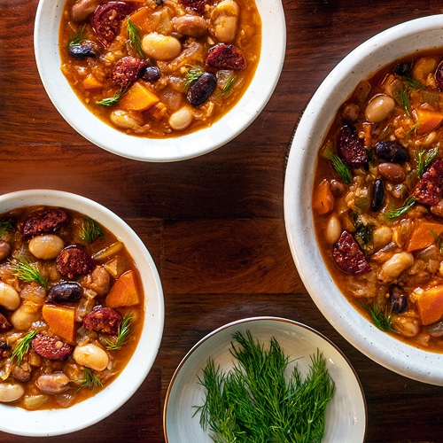 Chorizo Cabbage and Three Bean Stew Recipe. One pot meals recipes. Copyright © 2022 Terence Carter / Grantourismo. All Rights Reserved.
