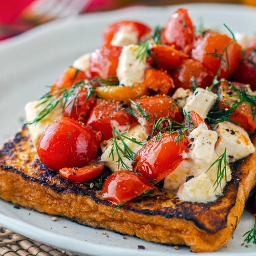 Savoury French Toast Recipe With Fried Tomatoes, Feta and Fresh Herbs. Copyright 2022 Terence Carter / Grantourismo. All Rights Reserved.
