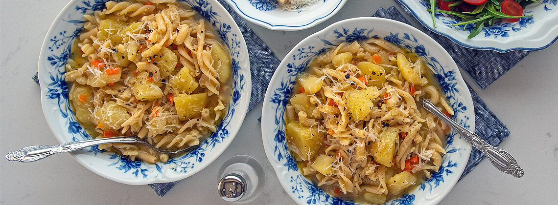 Cheesy Pasta and Potatoes Recipe for the Southern Italian Pasta e Patate. Sunday dinner ideas for two. Copyright © 2023 Terence Carter / Grantourismo. All Rights Reserved.