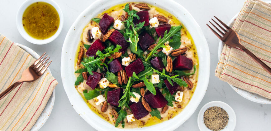 Beet Arugula Salad Recipe with Walnuts and Feta on Butter Bean Purée