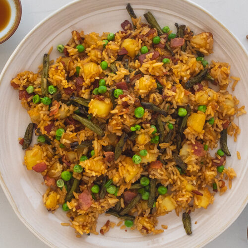 Fried Rice Recipe with Bacon, Potatoes, Green Beans and Peas