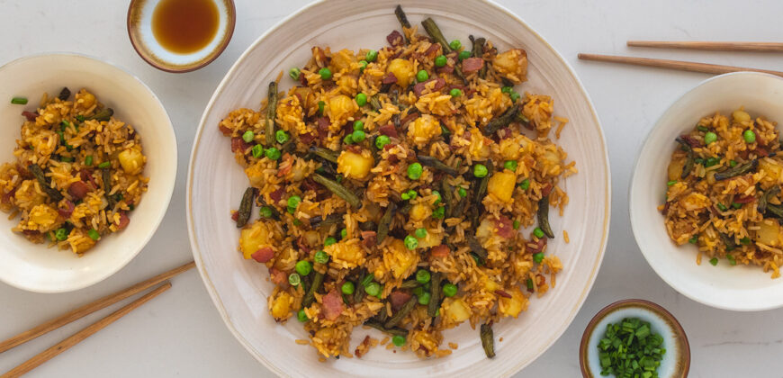 Fried Rice Recipe with Bacon, Potatoes, Green Beans and Peas