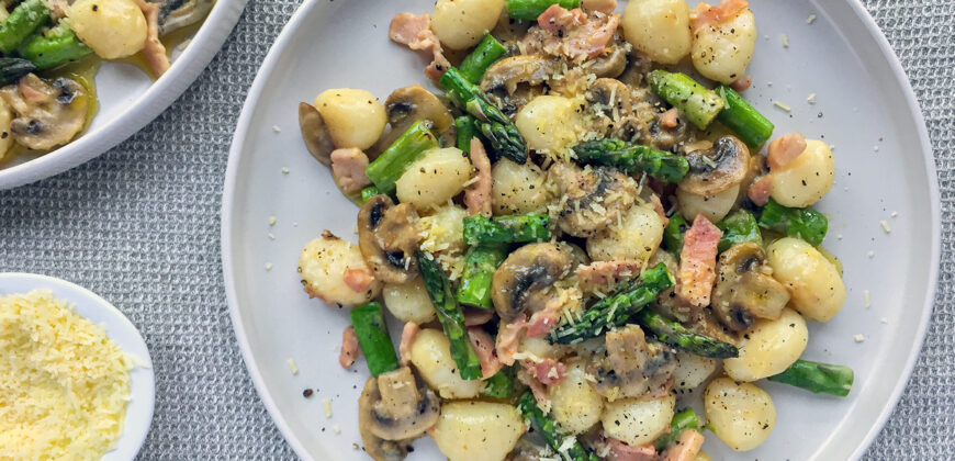 Gnocchi with Asparagus and Mushrooms, Bacon and Parmesan Recipe. Copyright © 2024 Terence Carter / Grantourismo. All Rights Reserved.