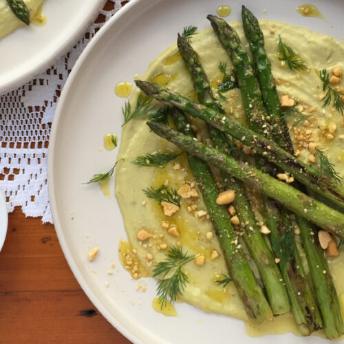 Pan Fried Asparagus on Pesto Hummus with Dill Oil and Dukkah. Copyright © 2024 Terence Carter / Grantourismo. All Rights Reserved.
