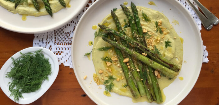 Pan Fried Asparagus on Pesto Hummus with Dill Oil and Dukkah. Copyright © 2024 Terence Carter / Grantourismo. All Rights Reserved.