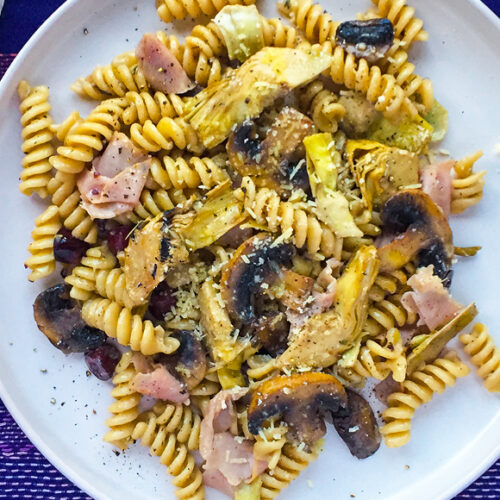 Capricciosa Pasta Recipe for Mushroom, Artichoke, Olive and Ham Fusilli. Copyright © 2024 Terence Carter / Grantourismo. All Rights Reserved.