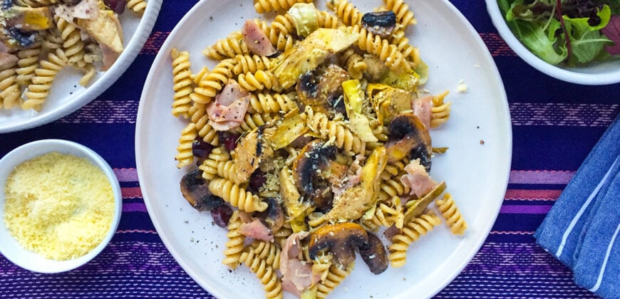 Capricciosa Pasta Recipe for Mushroom, Artichoke, Olive and Ham Fusilli. Copyright © 2024 Terence Carter / Grantourismo. All Rights Reserved.