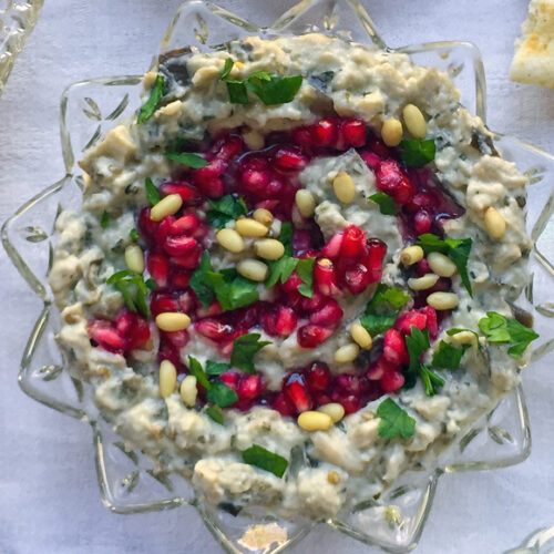 Traditional Middle Eastern Eggplant Dip with Pomegranate and Pine Nuts. Copyright © 2022 Terence Carter / Grantourismo. All Rights Reserved.