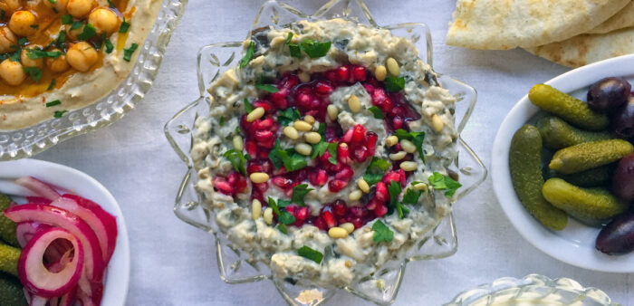 Traditional Middle Eastern Eggplant Dip with Pomegranate and Pine Nuts. Copyright © 2022 Terence Carter / Grantourismo. All Rights Reserved.