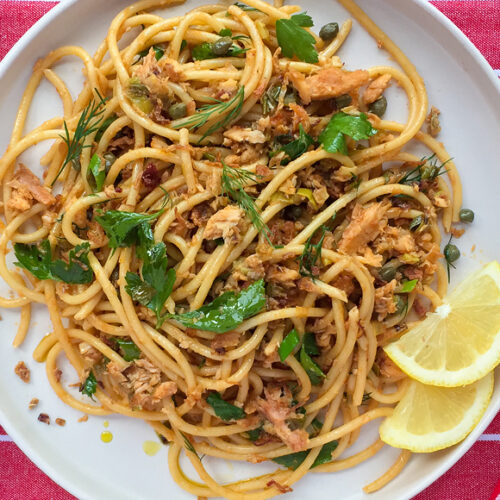 Speedy Tuna Pasta Recipe with Scallions, Capers and Fresh Herbs. Canned fish recipes. Copyright © 2024 Terence Carter / Grantourismo. All Rights Reserved.
