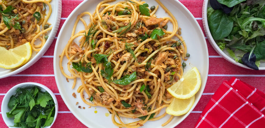 Speedy Tuna Pasta Recipe with Scallions, Capers and Fresh Herbs. Canned fish recipes. Copyright © 2024 Terence Carter / Grantourismo. All Rights Reserved.
