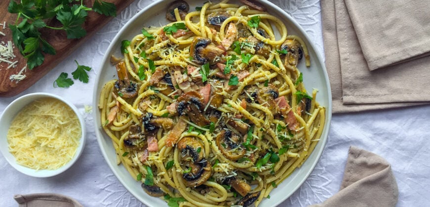 Bacon Mushroom Pasta Recipe with Parmigiano, Fresh Parsley and Bucatini. Copyright © 2024 Terence Carter / Grantourismo. All Rights Reserved.