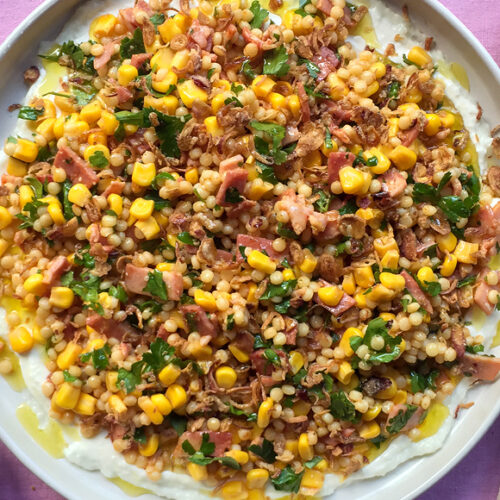 Corn Salad Recipe with Bacon, Pearl Couscous, Parsley and Fried Shallots. Copyright © 2024 Terence Carter / Grantourismo. All Rights Reserved.