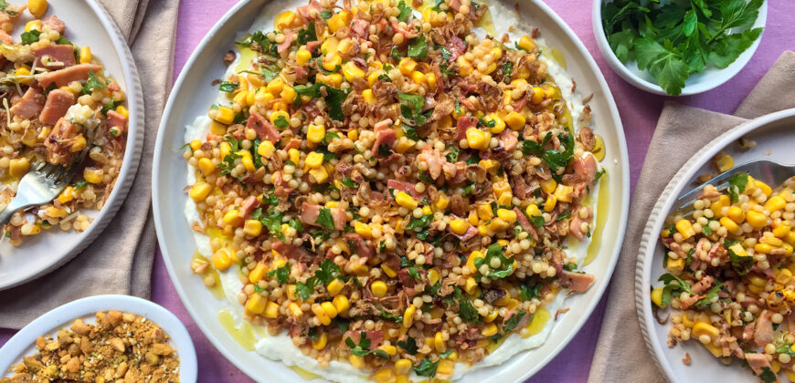 Corn Salad Recipe with Bacon, Pearl Couscous, Parsley and Fried Shallots. Copyright © 2024 Terence Carter / Grantourismo. All Rights Reserved.