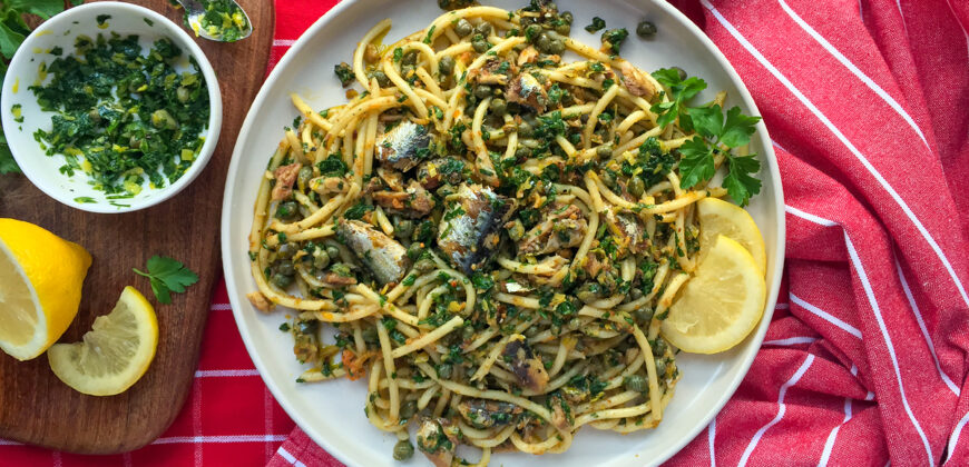 Sardine Pasta Recipe With Caper Gremolata and Crunchy Pangrattato. Copyright © 2024 Terence Carter / Grantourismo. All Rights Reserved.