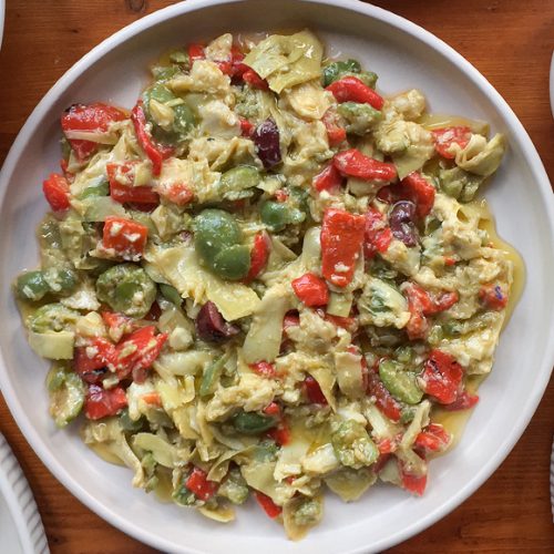 Mediterranean Artichoke Dip Recipe with Red Peppers and Green Olives. Copyright © 2024 Terence Carter / Grantourismo. All Rights Reserved.