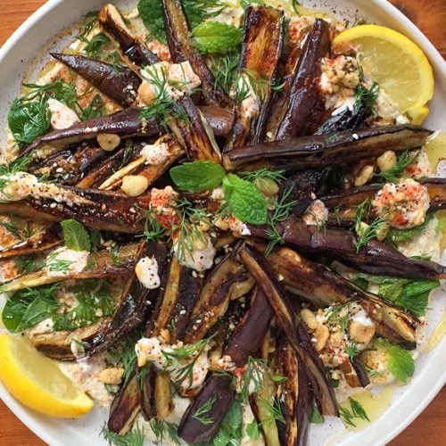 Middle Eastern Style Pan Fried Eggplant on Baba Ganoush with Yoghurt, Mint and Sumac. Copyright © 2024 Terence Carter / Grantourismo. All Rights Reserved.