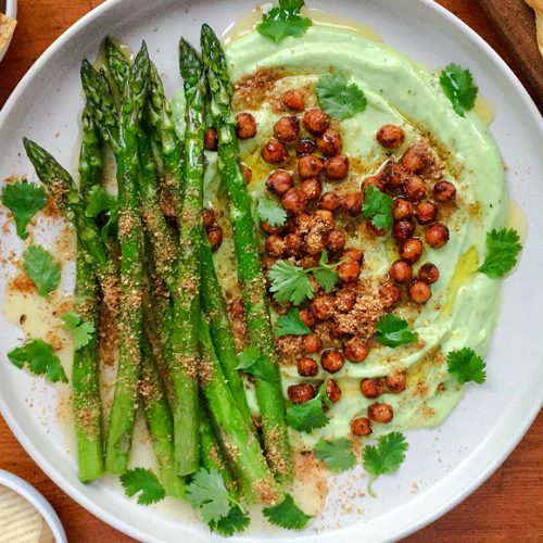 Creamy Avocado Dip with Asparagus, Spiced Chickpeas and Pangrattato. Copyright © 2024 Terence Carter / Grantourismo. All Rights Reserved.
