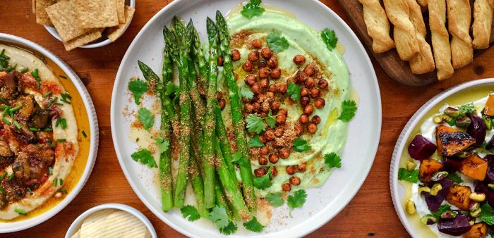 Creamy Avocado Dip with Asparagus, Spiced Chickpeas and Pangrattato. Copyright © 2024 Terence Carter / Grantourismo. All Rights Reserved.