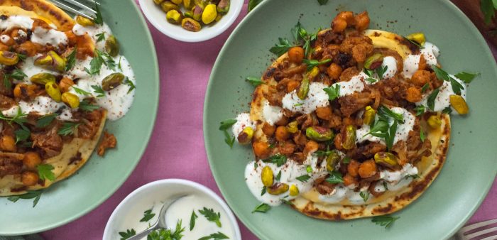 Spiced Pan Fried Cauliflower, Chickpeas and Pistachios on Flatbread with Yoghurt Sauce. Pistachio recipes. Copyright © 2024 Terence Carter / Grantourismo. All Rights Reserved.