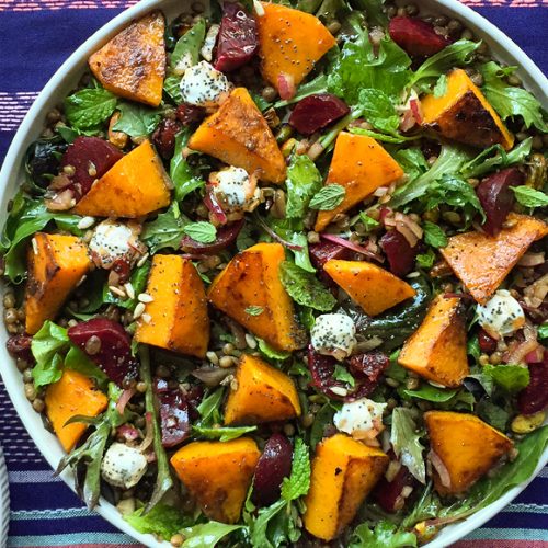 Pumpkin Lentil Salad Recipe with Beetroot, Goat Cheese and Pistachios. Copyright © 2024 Terence Carter / Grantourismo. All Rights Reserved.