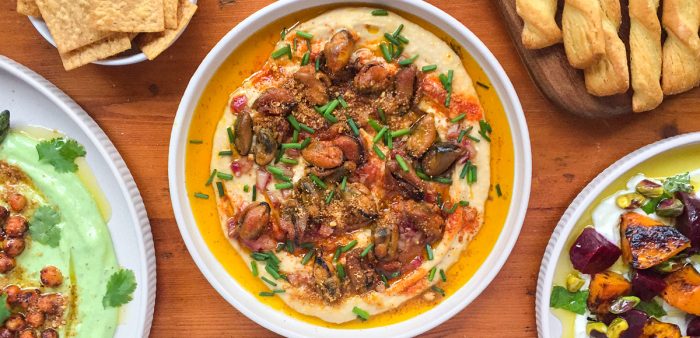 Smoked Mussels on Hummus with Smoky Paprika and Chives. Copyright © 2024 Terence Carter / Grantourismo. All Rights Reserved.