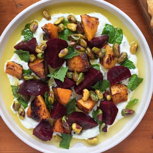 Pumpkin Beetroot Salad on Creamy Whipped Feta with Pistachios and Mint. Copyright © 2024 Terence Carter / Grantourismo. All Rights Reserved.