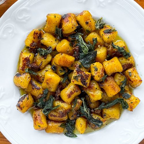 Crispy Pan Fried Pumpkin Gnocchi with Brown Butter Sage Sauce. Copyright © 2024 Terence Carter / Grantourismo. All Rights Reserved.