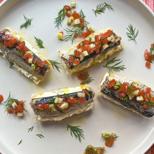 Fancy Sardines on Toast with Pickled Onions, Celery and Dill. Copyright © 2024 Terence Carter / Grantourismo. All Rights Reserved.