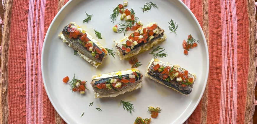 Fancy Sardines on Toast with Pickled Onions, Celery and Dill. Copyright © 2024 Terence Carter / Grantourismo. All Rights Reserved.