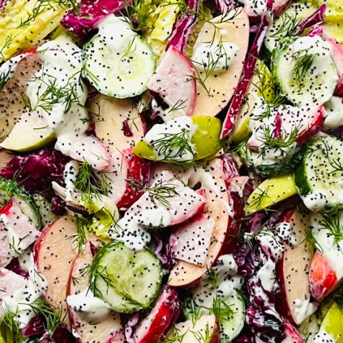 Cabbage Salad with Apples, Cucumber, Radish and Creamy Poppy Seed Dressing. Copyright © 2025 Terence Carter / Grantourismo. All Rights Reserved.