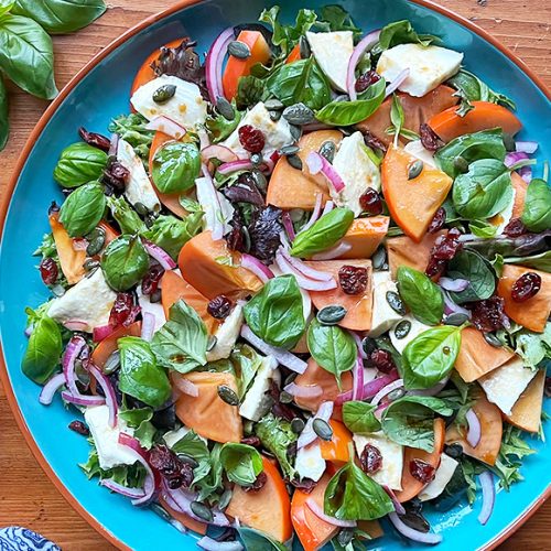 Persimmon Salad Recipe with Bocconcini, Pepitas, Cranberries and Basil. Most popular recipes in January 2026. Copyright © 2025 Terence Carter / Grantourismo. All Rights Reserved.