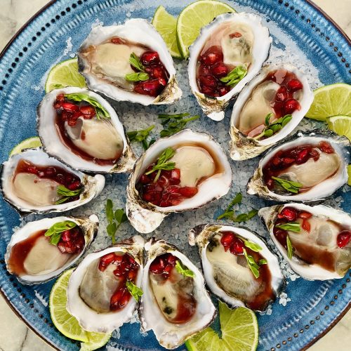 Raw Oysters with Pomegranate Mignonette Dressing Recipe. Copyright Grantourismo 2025 Terence Carter Lara Dunston