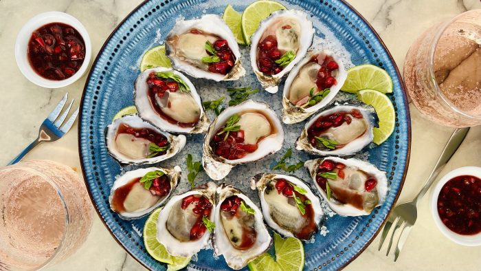 Raw Oysters with Pomegranate Mignonette Dressing Recipe. Copyright Grantourismo 2025 Terence Carter Lara Dunston