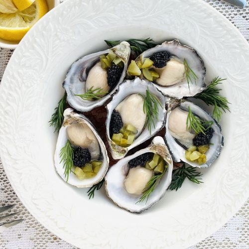 Oysters with Caviar, Dill Pickles, Fresh Dill and Champagne. Copyright Lara Dunston Terence Carter Grantourismo 2026