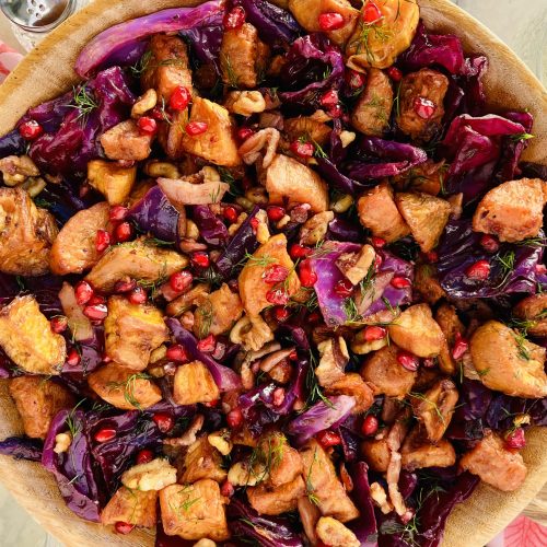 Purple Cabbage Salad Recipe with Sweet Potato, Pomegranate, Bacon, Walnuts and Dill. Copyright 2026 Lara Dunston Terence Carter Grantourismo.