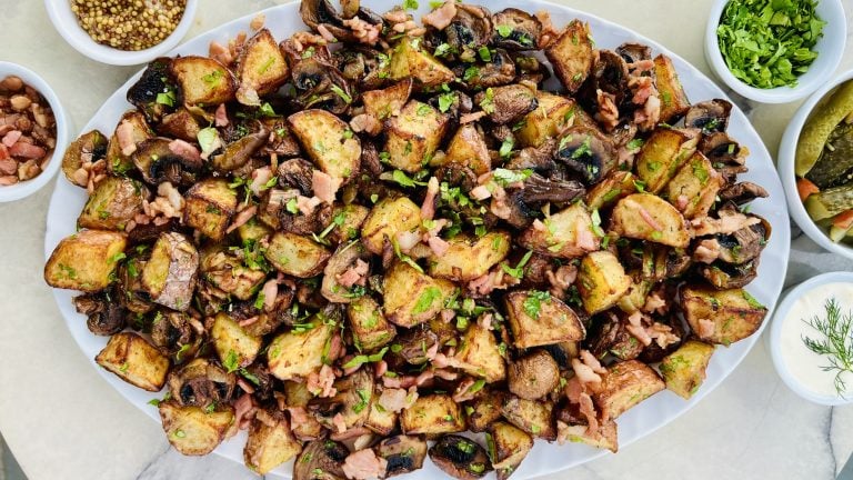 Russian Fried Potatoes with Mushrooms and Bacon Recipe. Copyright Grantourismo Lara Dunston and Terence Carter 2026